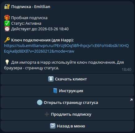 Карточка подписки - копирование ключа подключения